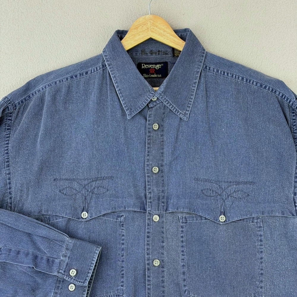 Vintage Denim Western Shirt Mens Large Blue Cowboy Rodeo Revenge Shirtmakers 80s
